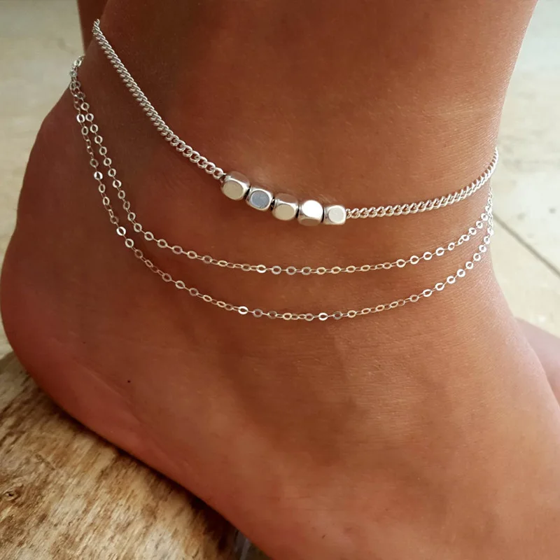 Simple Women Square Beads Geometric Chain Pendant Multilayer Silver Anklet Set Classic Beach Party Jewelry Accessories | Украшения и