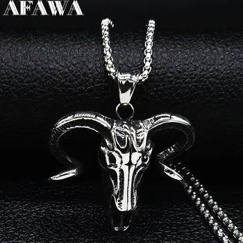

Gothic Sheep Head Stainless Steel Long Necklace Women Silver Color Necklace Jewelry joyas de acero inoxidable para mujer N19112
