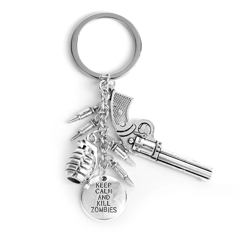 

MQCHUN Fashion Movie Jewelry The Walking Dead Keychain Keep Calm And Kill Zombies Gun Bullet Weapon Alloy Keyring Chain Men Gift