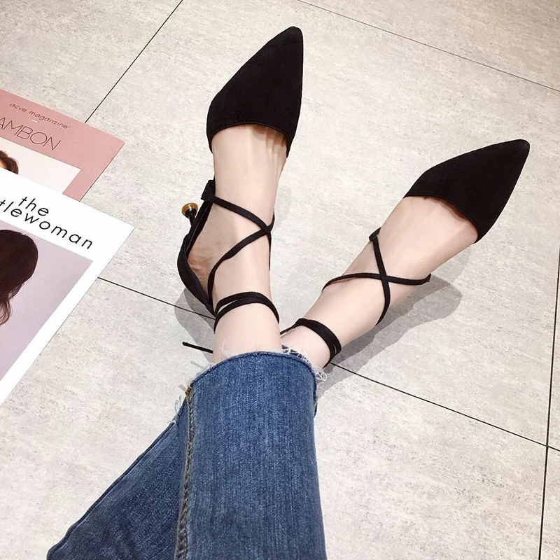 Г., новые весенние женские туфли на высоком каблуке с острым носком Уличная обувь для отдыха модная замшевая обувь Size34-39 из искусственной кожи