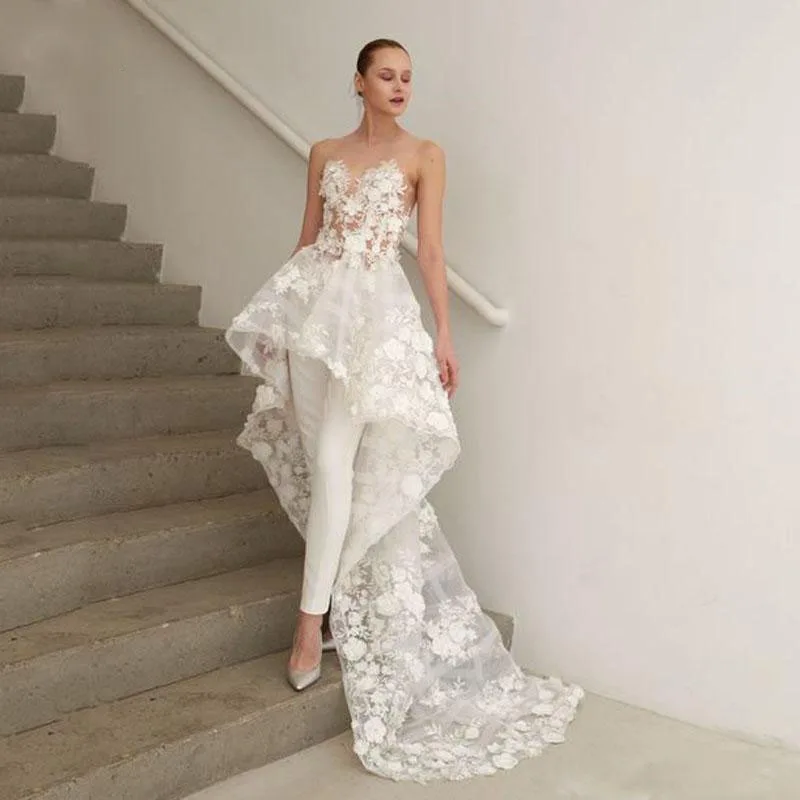 

Gorgeous Floral White Appliques High Low A-line Prom Gowns with Train Illusion Neckline Chic Formal Dress Event Wear With Pants