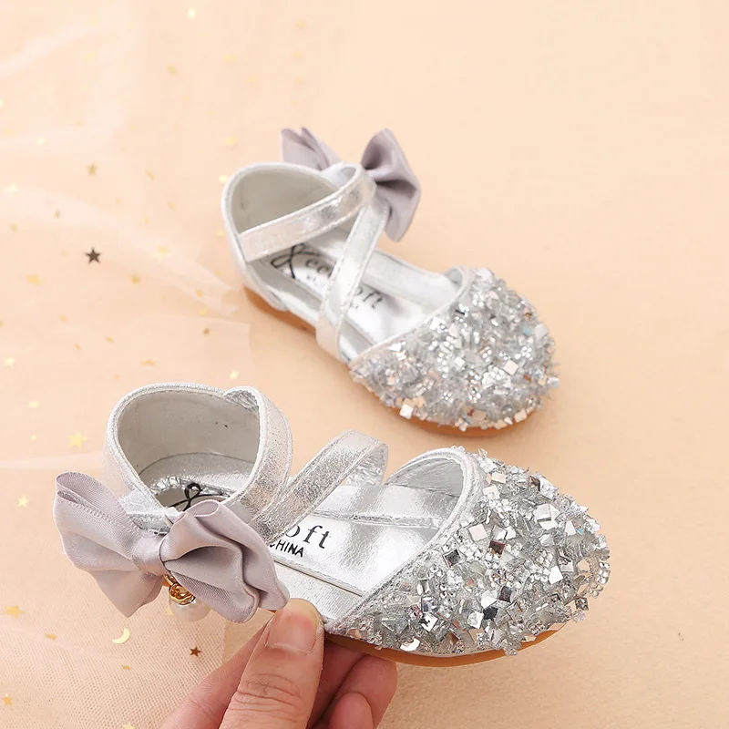 Элегантные модные детские вечерние туфли с блестками и бантом для маленьких девочек; свадебные туфли золотистого цвета