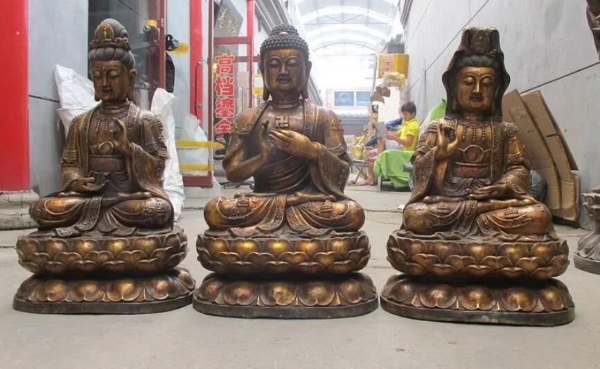 

Free Shipping 28"Tibet Buddhism old Bronze Gild Three Sakyamuni Kwan-Yin Buddha Set Statue
