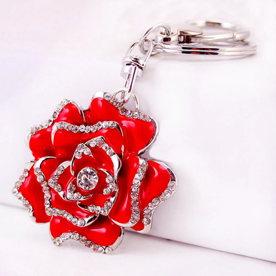 cheap Crystal Peony Roses Keychain Creative Bag Key Chain Ring Holder For Women Purse Charm Gift Novelty Keyfobs Pendant R015