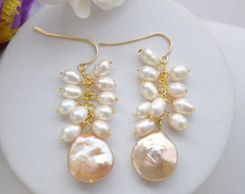

free shipping 00096 PINK COIN WHITE RICE FRESHWATER PEARL DANGLE EARRING