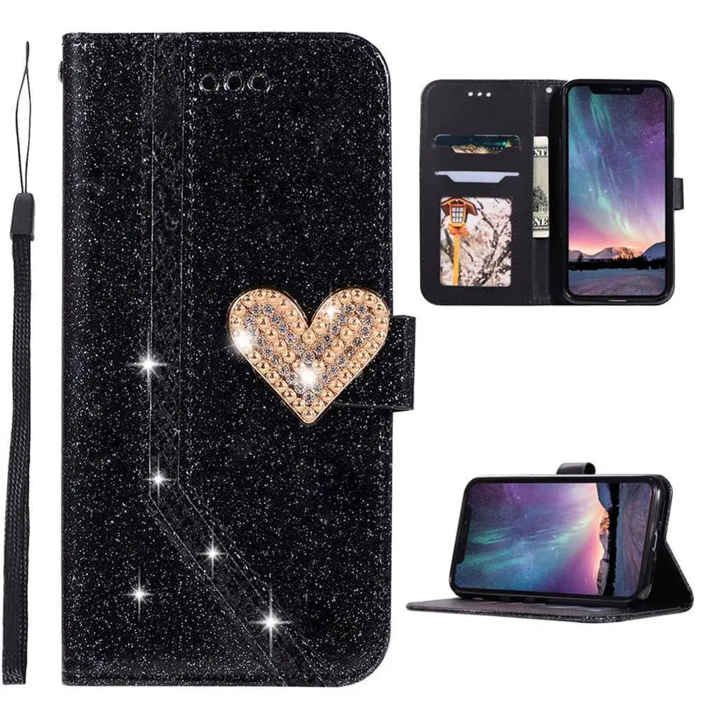 Black L-FADNUT для IPhone X Case Xr Xs макс 7 8 6 S 6 Plus 5 5S SE чехол роскошное и элегантное ожерелье с сияющими блестками кожаный чехол-кошелек с подставкой и бумажником чехлы - Цвет: Black