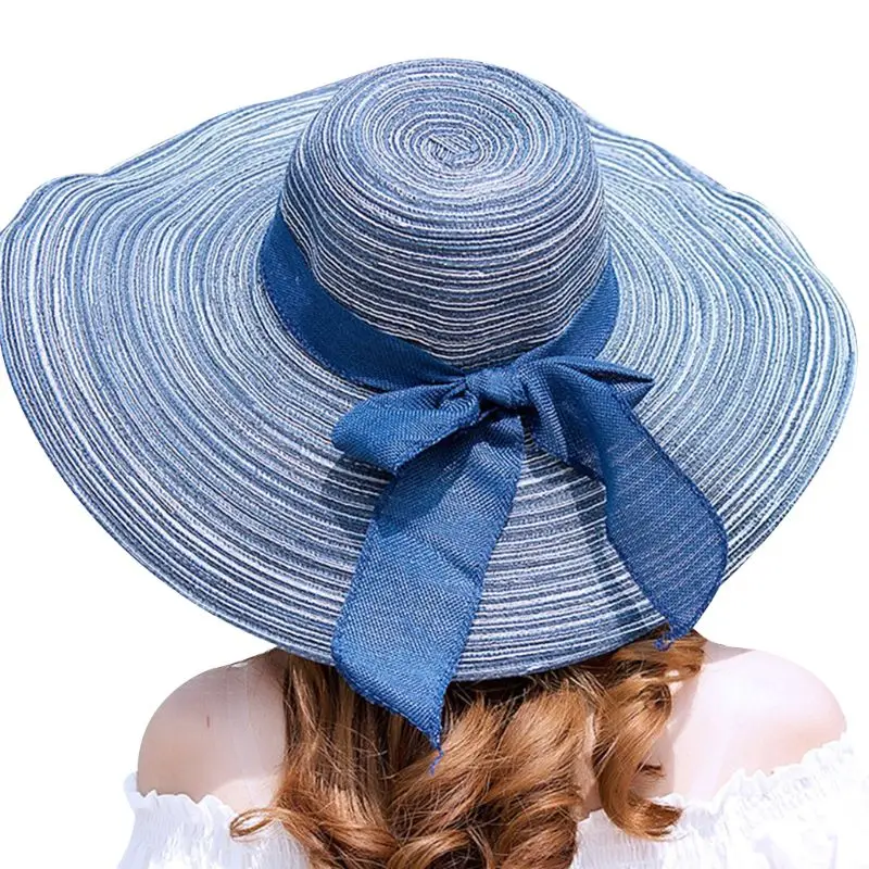 Женская летняя соломенная дискета солнцезащитный козырек шляпа хлопок полотняная лента бант цветные сладкие конфеты полосы широкие волнистые Панама с полями фолда - Цвет: 5
