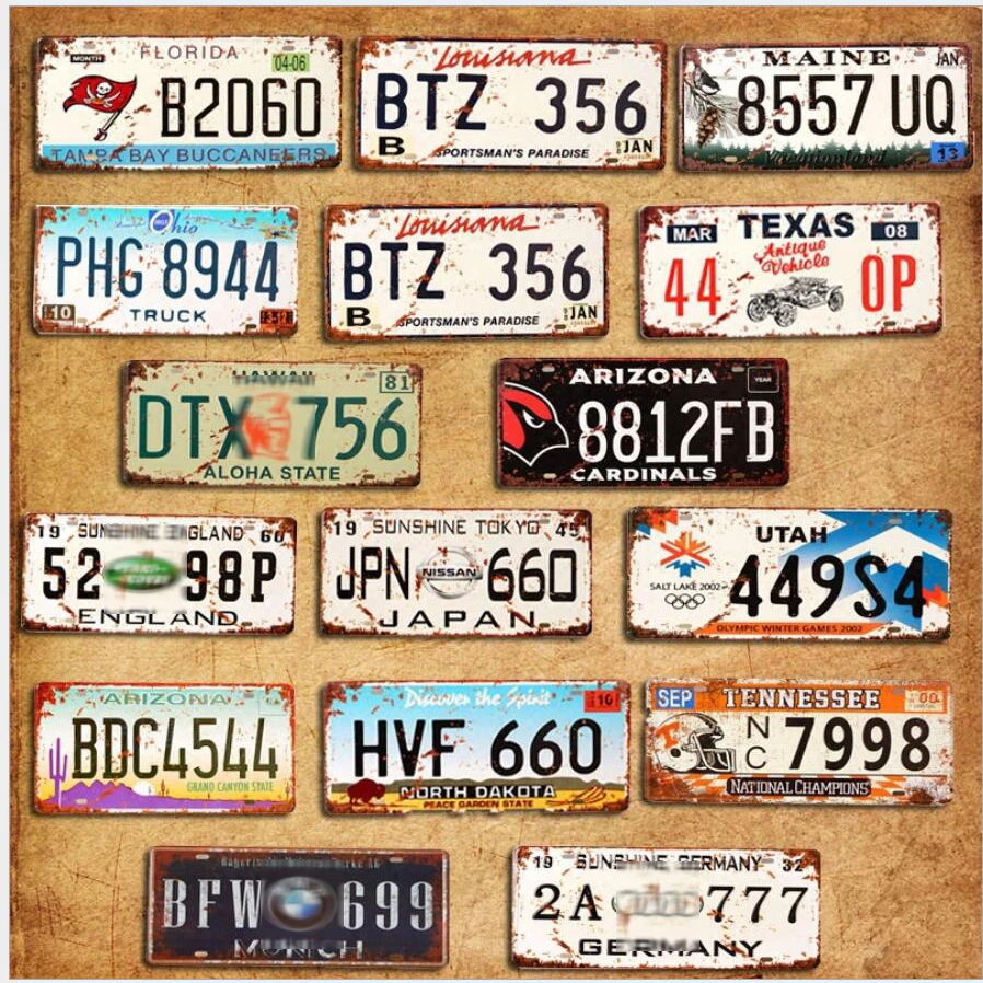 

2pcs USA Car license plate number frame Metal Wall Craft Retro Garage Home Decor