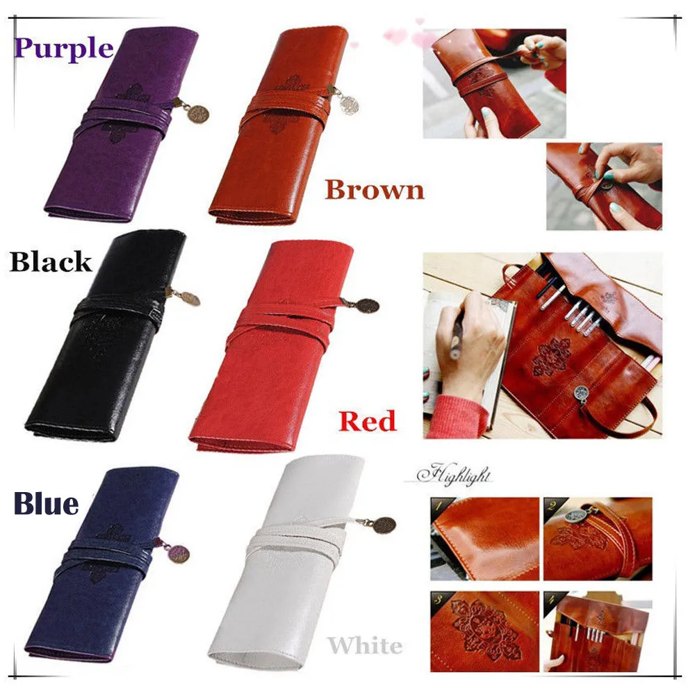 

Retro Vintage Roll Leather Make Up Cosmetic Pen Pencil Case Pouch Purse Bag Box School Supplies Make Up Cosmetic Bag 0407