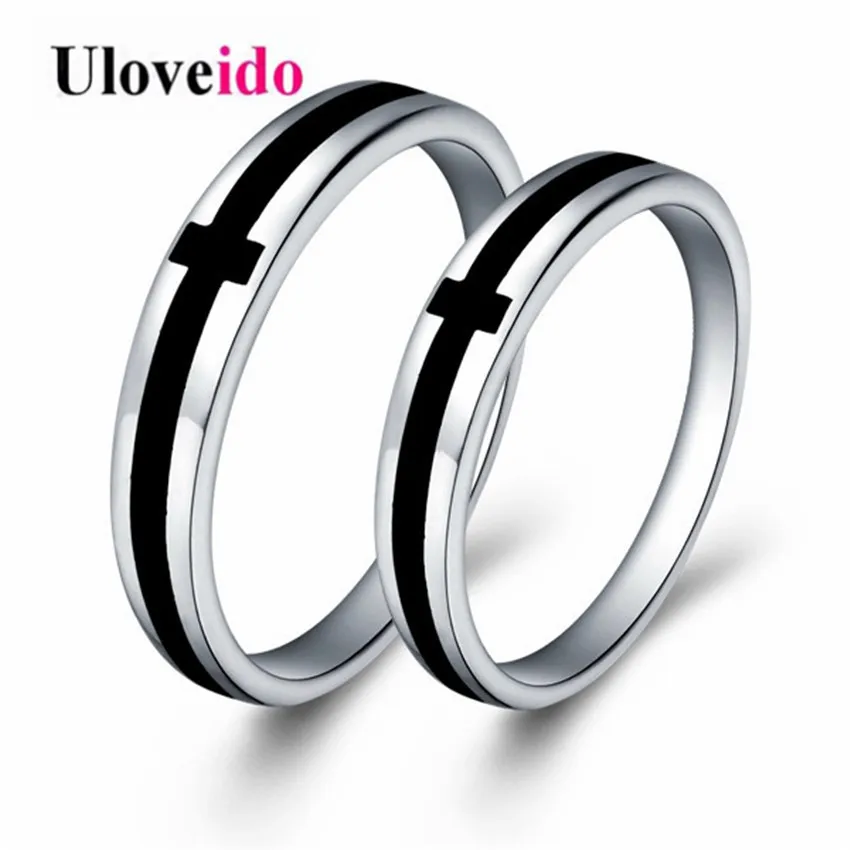 

Uloveido Black and White Cross Rings Women Engagement Promise Wedding Band Couple Rings Gifts For Valentine's Day Gift J030