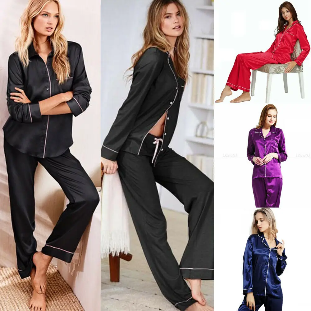 Пижама Pjs Женская однотонная атласная шелковая пижама с длинным рукавом на