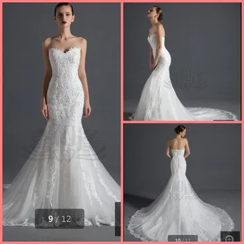 

2015 best selling mermaid white lace appliques wedding dresses strapless with sweetheart neckline formal bridal gowns