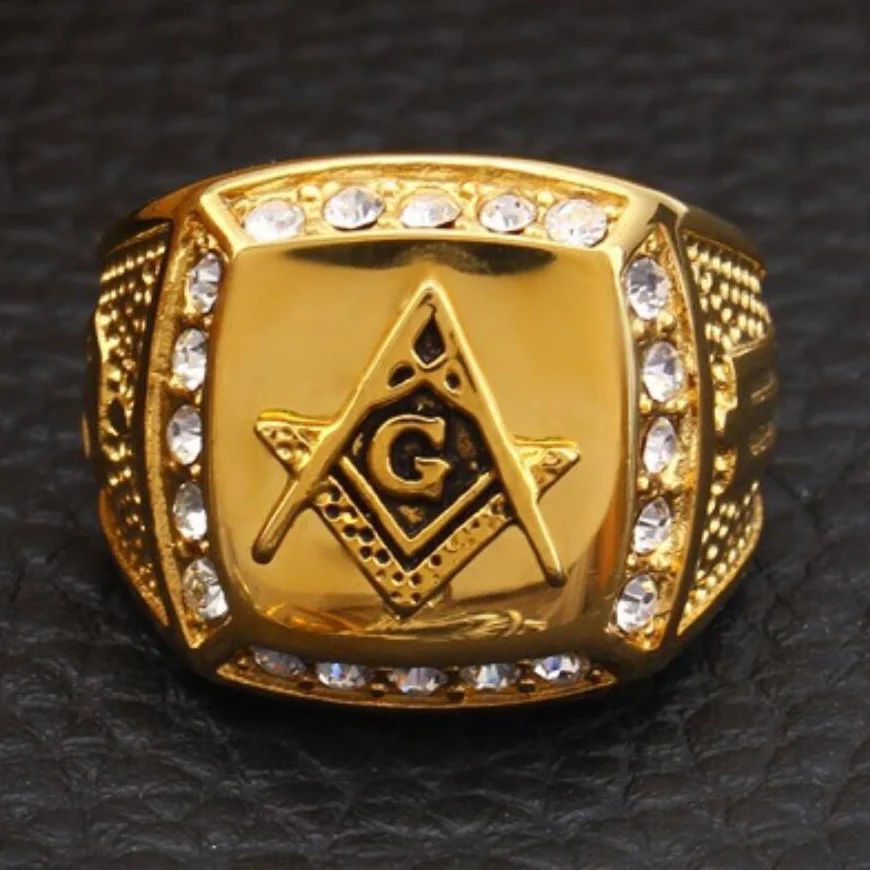 Новое поступление, шикарные мужские кольца с фианитами и кристаллами, с масонской печаткой, 316L, нержавеющая сталь, Золотое Ювелирное кольцо для мужчин