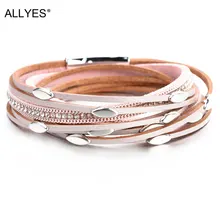 ALLYES Rosa Farbe Leder Armbänder Für Frauen 2019 Mode Blatt Charme Kristall Boho Multi Schicht Wrap Armband Femme Schmuck(China)