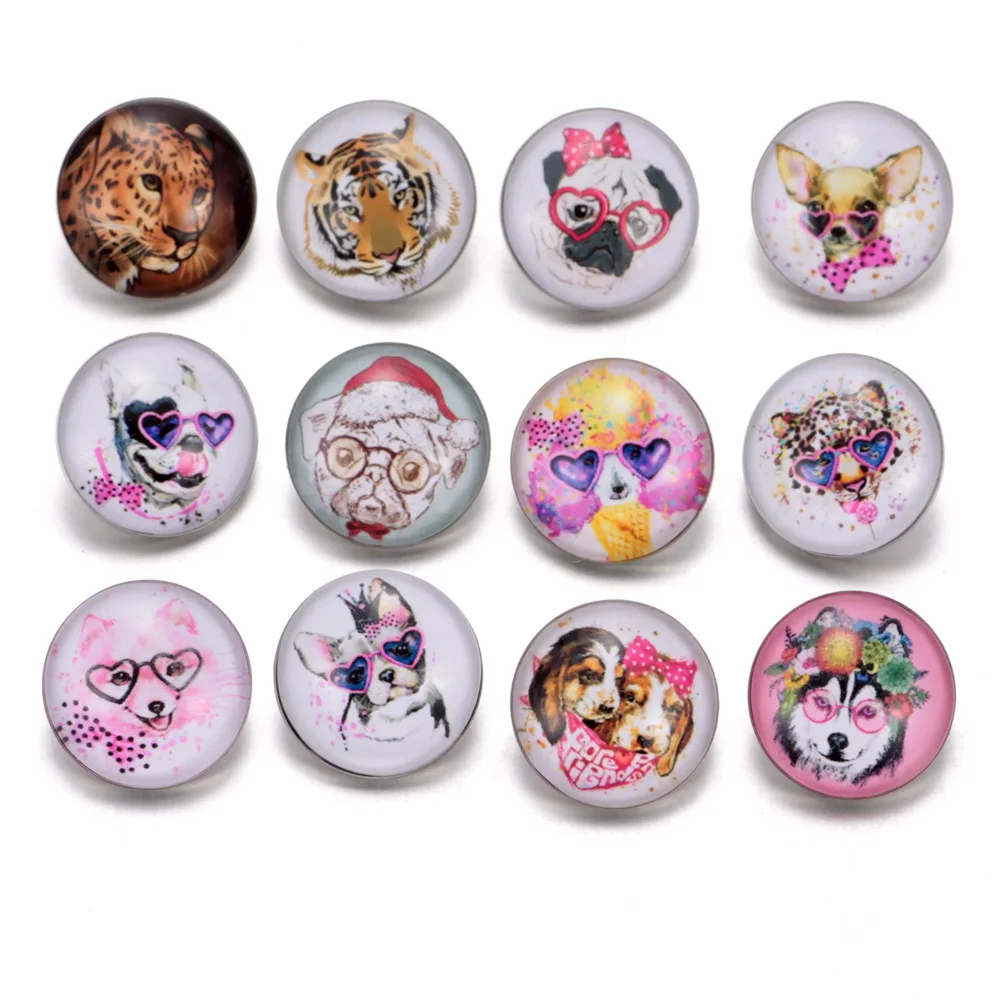 12pcs/lot Multi Theme I Love Dog Pattern 18mm Snap Button Jewelry Glass Charms Fit DIY Bracelet Snaps Jewelry KZ0501 - Окраска металла: KZ0222