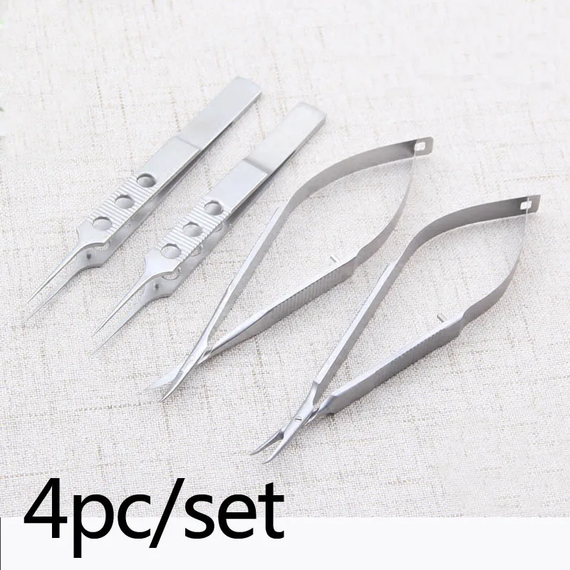 

New 11cm Stainless steel ophthalmic microsurgical instruments Needle Holder Micro scissors Tweezers hand surgery 4pcs/set