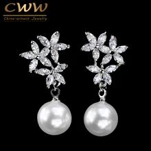 CWWZircons модный серебряный цвет CZ кристалл белый висячие серьги с искусственным жемчугом с цирконием цветы для невест CZ098