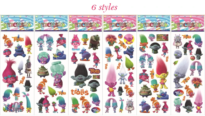 10 feuilles Trolls autocollants jouet 3D mousse dessin animé autocollants jouet fête d'anniversaire décoration pour enfants cadeaux 6 styles Mix (lot de 10)