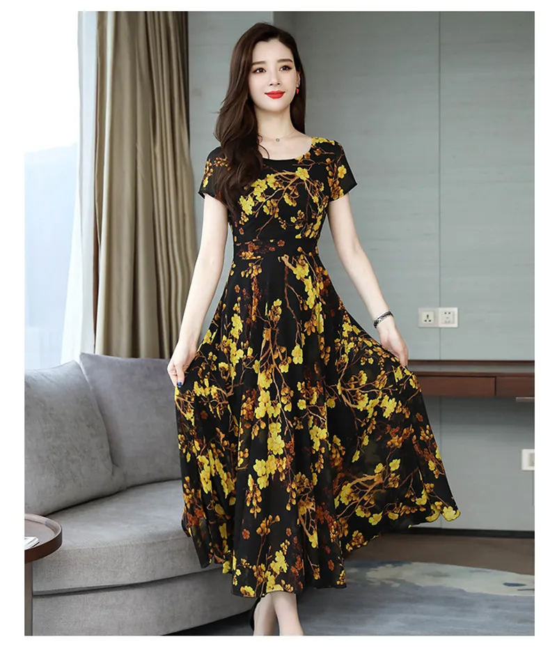 SexeMara Bohemian Style O-Neck Short-Sleeved Printed Temperament Waist Chiffon Long Large Dress 2019 Summer New Style (18)