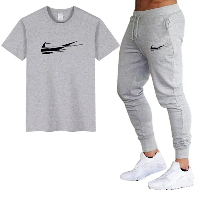 

New Summer Men's Sets T Shirts+Pants Two Pieces Sets Gyms Fitness Casual Tracksuit Cotton Short Sleeve Hip Hop Street Clothing