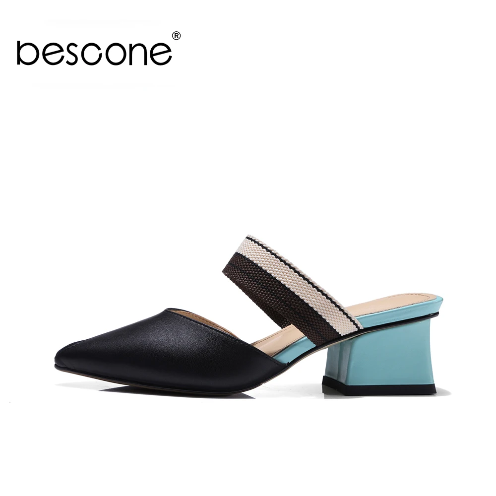 

BESCONE Genuine Leather Mules Elegant Pointed Toe Slip-on Woman Pumps Fashion Colorful Square Heels Spring Handmade Shoes BO119