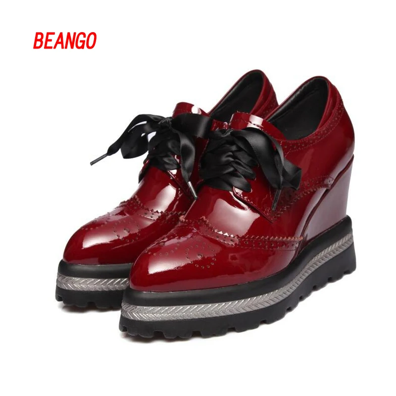 BEANGO font b 2017 b font New Retro Spring Women Platform Shoes Pointed Toe Patent Leather