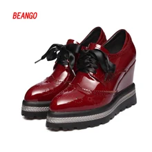 BEANGO 2017 New Retro Spring Women Platform Shoes Pointed Toe Patent Leather Lace Up Footwear Female High Heel Bullock Shoes