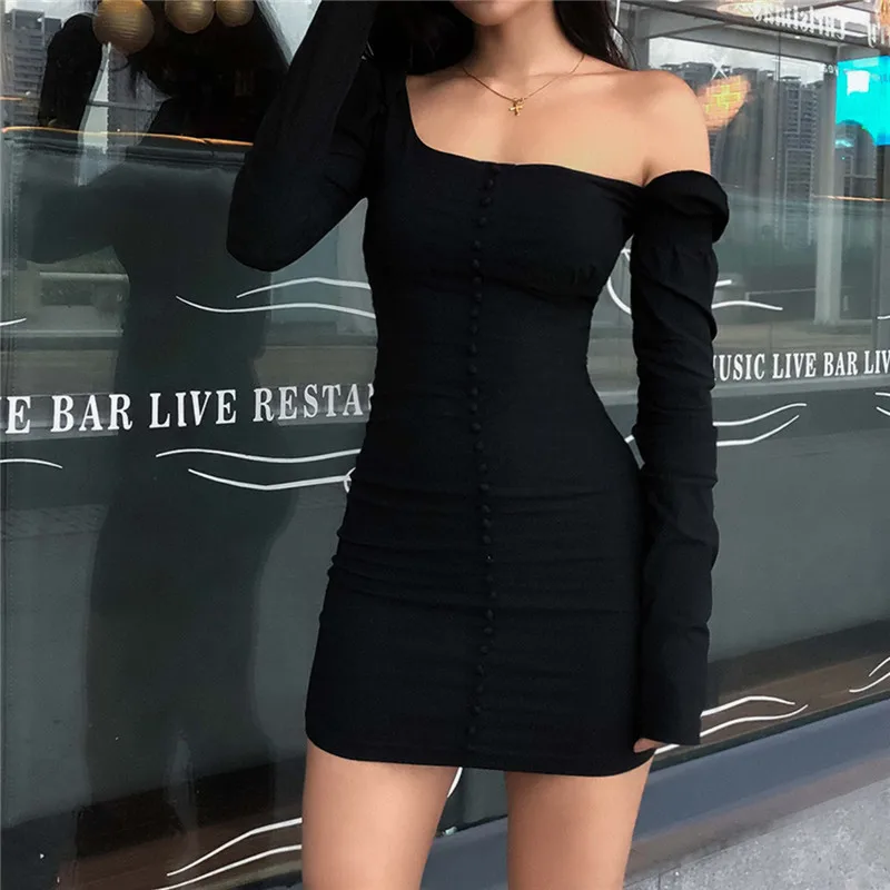 

New 2019 Spring Women Dress Package Hip Bottom Dress Oblique Shoulder Word Collar Bubble Long Sleeve Casual Dress Female