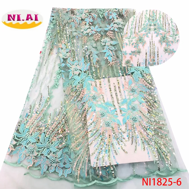 

2019 New Design Nigerian African Lace Fabric High Quality French Beaded Embroidered Tulle Lace Fabric With Sequins NI1825-6
