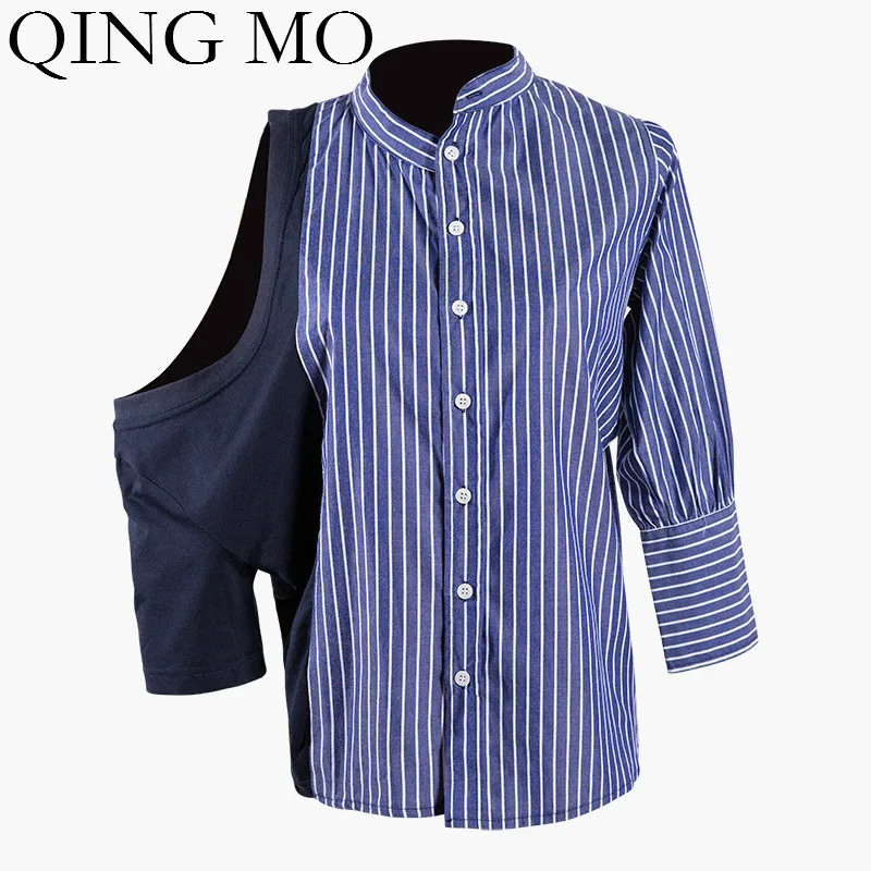 Женская Асимметричная рубашка QING MO в синюю полоску с длинным рукавом и