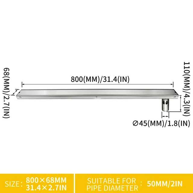 High Quality 80CM SUS304 Stainless Steel Floor Drain Tile Insert Rectangular Anti-Odor Shower Floor Drain Gate Drain Side Model