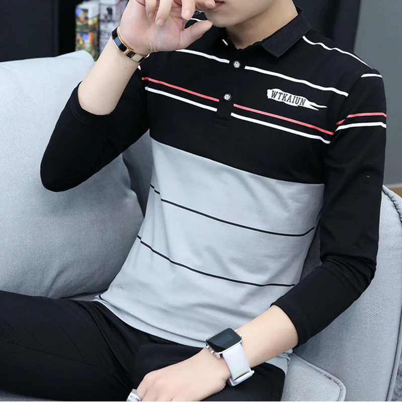

Men's Polo Shirt Autumn 2019 Fashion Streetwear Long Sleeve Top Tee Shirts Striped Brand Clothes Polo Shirts Men Cotton Polos