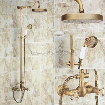 

Antique Brass Bathroom Rain Shower Faucet Set with Ceramic Handheld Shower Head & Wall Mounted Dual Handles Mixer Taps Wrs133