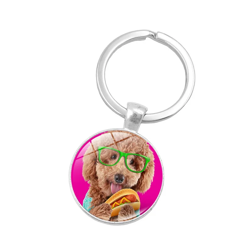 XUSHUI XJ Silver Color Key Chain Cute Pug Dog Glass Cabochon Pendant