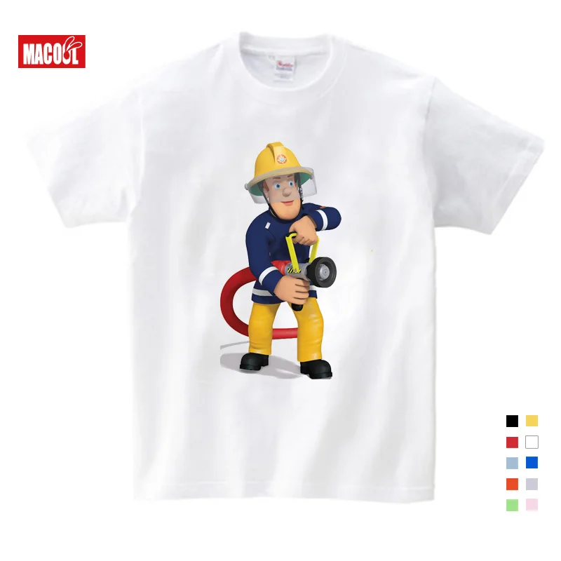 Children Cartoon Fireman Sam Print Cotton T-shirts for Boy Shirt Girl Short Sleeve Tee Tops Clothes Kids Clothing Unisex 3T-9T