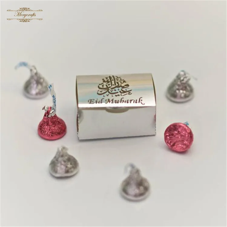 

50pcs metallic silver laser cut Eid Mubarak small chocolate candy packaging box