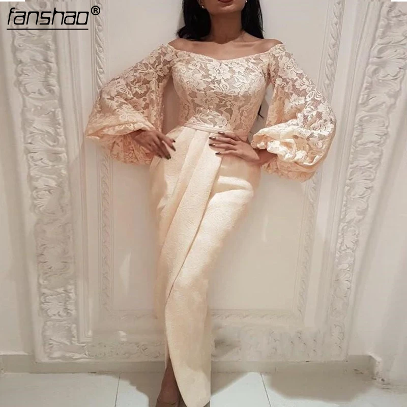 

Plus Size Muslim Evening Dresses 2019 Mermaid Lantern Sleeves Lace Slit Islamic Dubai Saudi Arabic Long Evening Gown Prom Dress