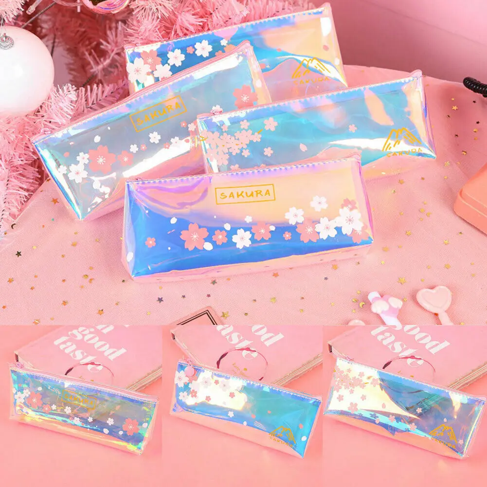 

2019 Newest Hot Transparent Laser PU Leather Sakura Floral Cosmetic Bag Makeup Pen Pouch PVC Pencil Case Stationery Bag