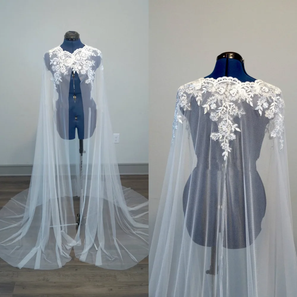 

Wedding Bolero Bridal Shawls White/Ivory Lace Applique Tulle Long Cape Cloak Custom Made