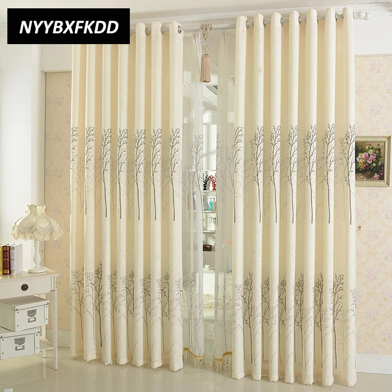 Cream Color Semi Shading Linen Trees Curtains For Windows Drapes