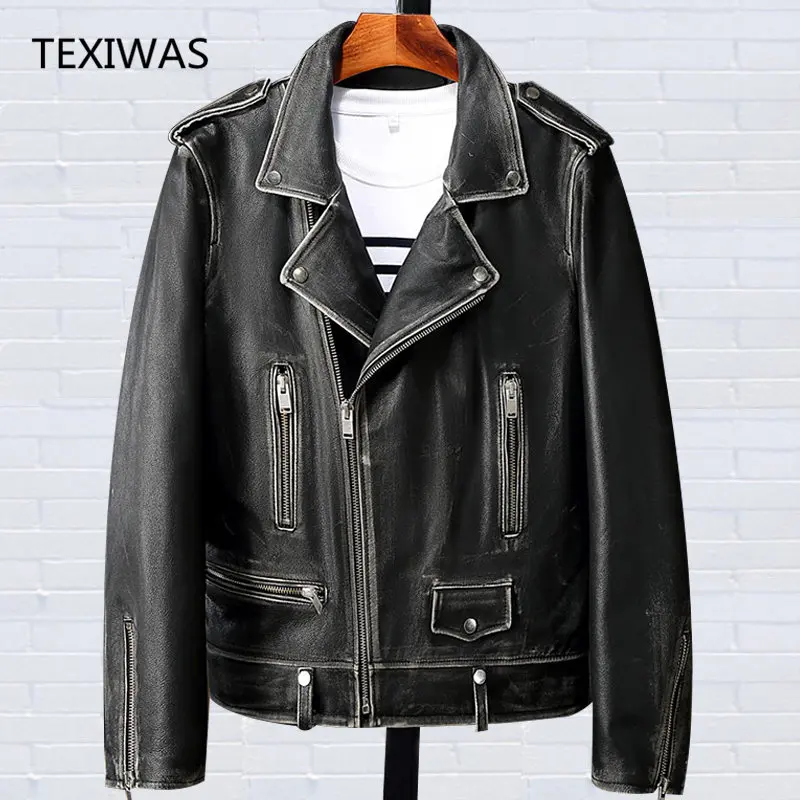 

Spring Vintage Moto Biker Jacket 100% Cowhide Sheepskin Genuine Leather jacket men Outerwear top bomber zip jacket Coat