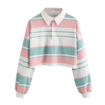 

Womens Casual Drop Shoulder Striped Pullover Sweatshirt Top Blouse Button Print Stand Stripped Spring Autumn Sudaderas
