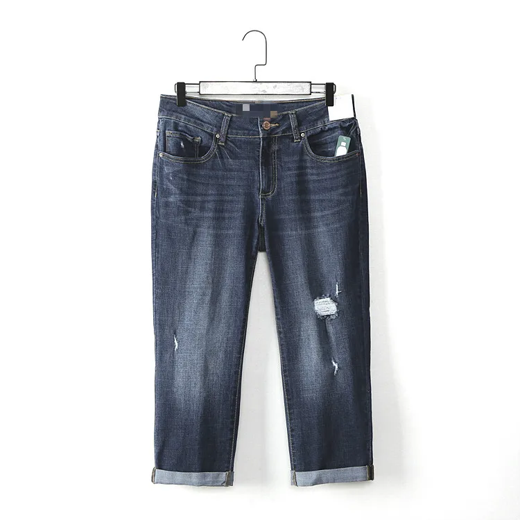 

Plus size women spring fashion loose water wash hem rolled-up ripped casual jeans female trendy calf length denim capris