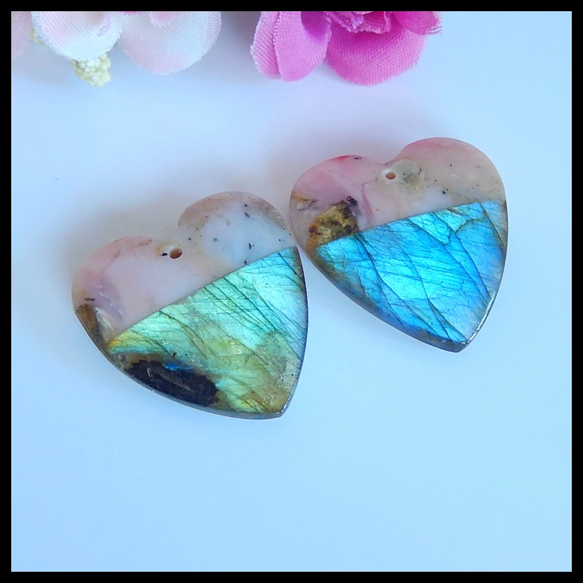 

Semi-precious stones,Natural Gemstone Pink Opal with Labradorite intarsia fashion woman Earring pair Birthday gift,25x24x6mm,10g