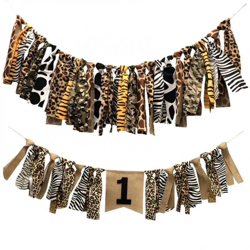 Creative Shabby Cloth Strip Banner Garland Leopard Print Rag Tied Banners for Baby Shower Baby's Birthday Party 