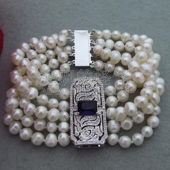 

B061609 5Strand White Round Freshwater Pearl Bracelet CZ Connector