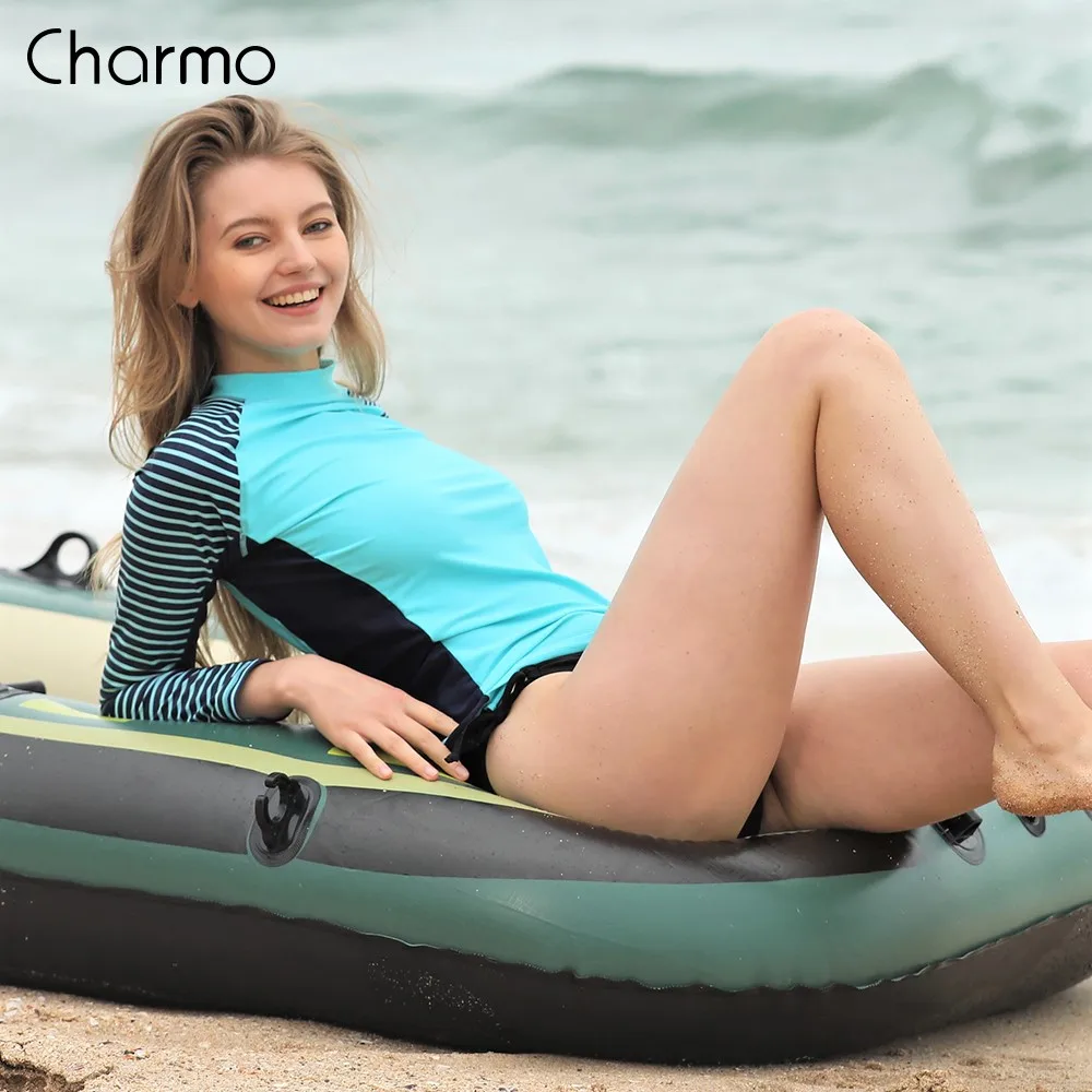 Charmo 2019 المرأة Rashguard ملابس بأكمام طويلة مخطط طفح الحرس خليط تصفح المايوه للنساء تشغيل أعلى UPF50 +