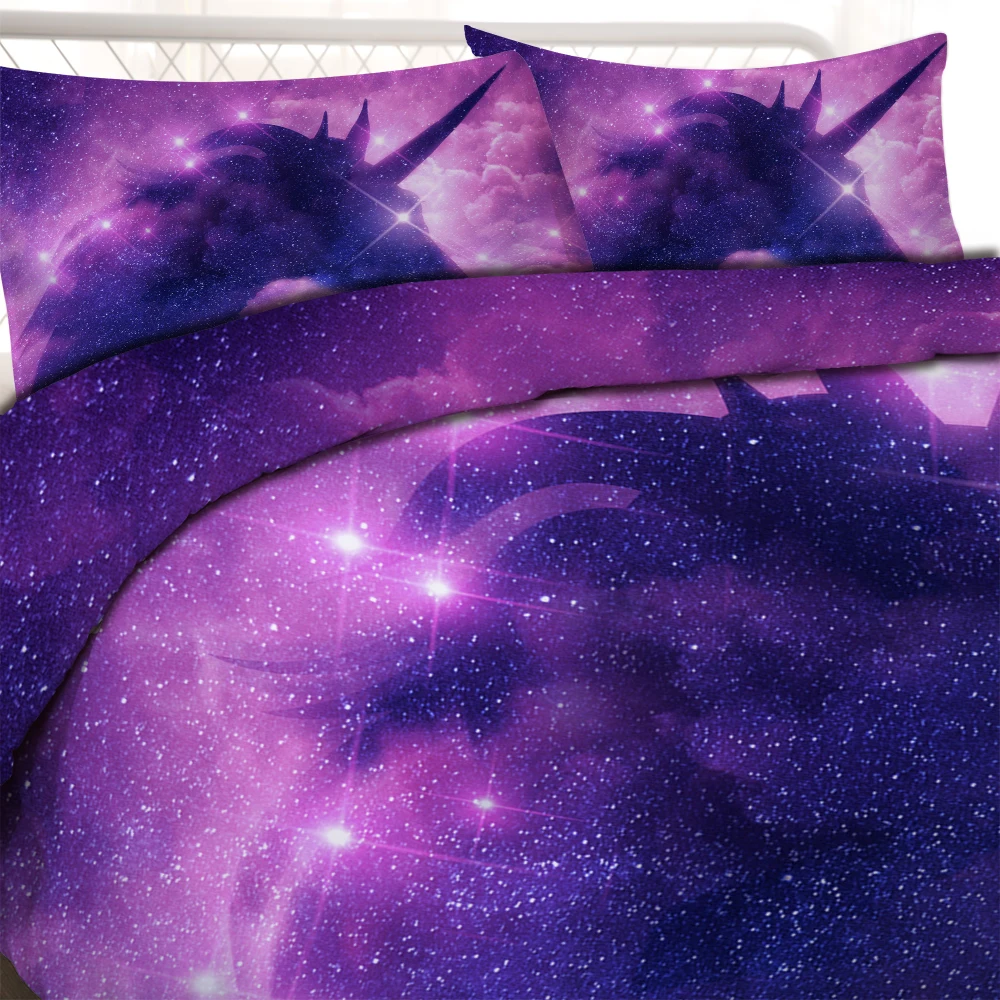 Фэнтези звезды Galaxy Единорог постельный комплект для детей обувь для девочек психоделический пространство пододеяльник 3 шт. розовый фиолетовый блестящие