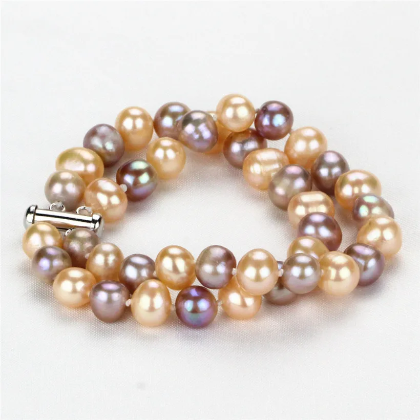 

SNH 9mm AA- mixed color potato 2 rows pearl bracelet 7.5'' cultured natural freshwater bracelet free shipping