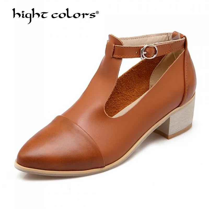 

hight colors Casual T Strap Buckle Pumps Cut-out Leather Thick Mid Heels Pointed Toe Vintage Womens Shoes zapatos de mujer Pb-11
